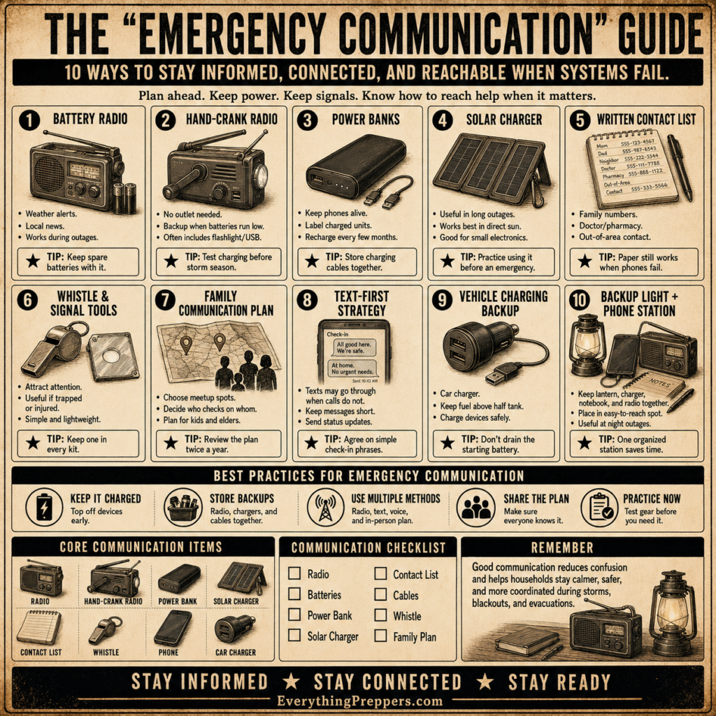 Emergency communication guide with battery radio, hand-crank radio, power banks, solar charger, written contact list, whistle, family plan, text-first strategy, vehicle charger, and backup phone station