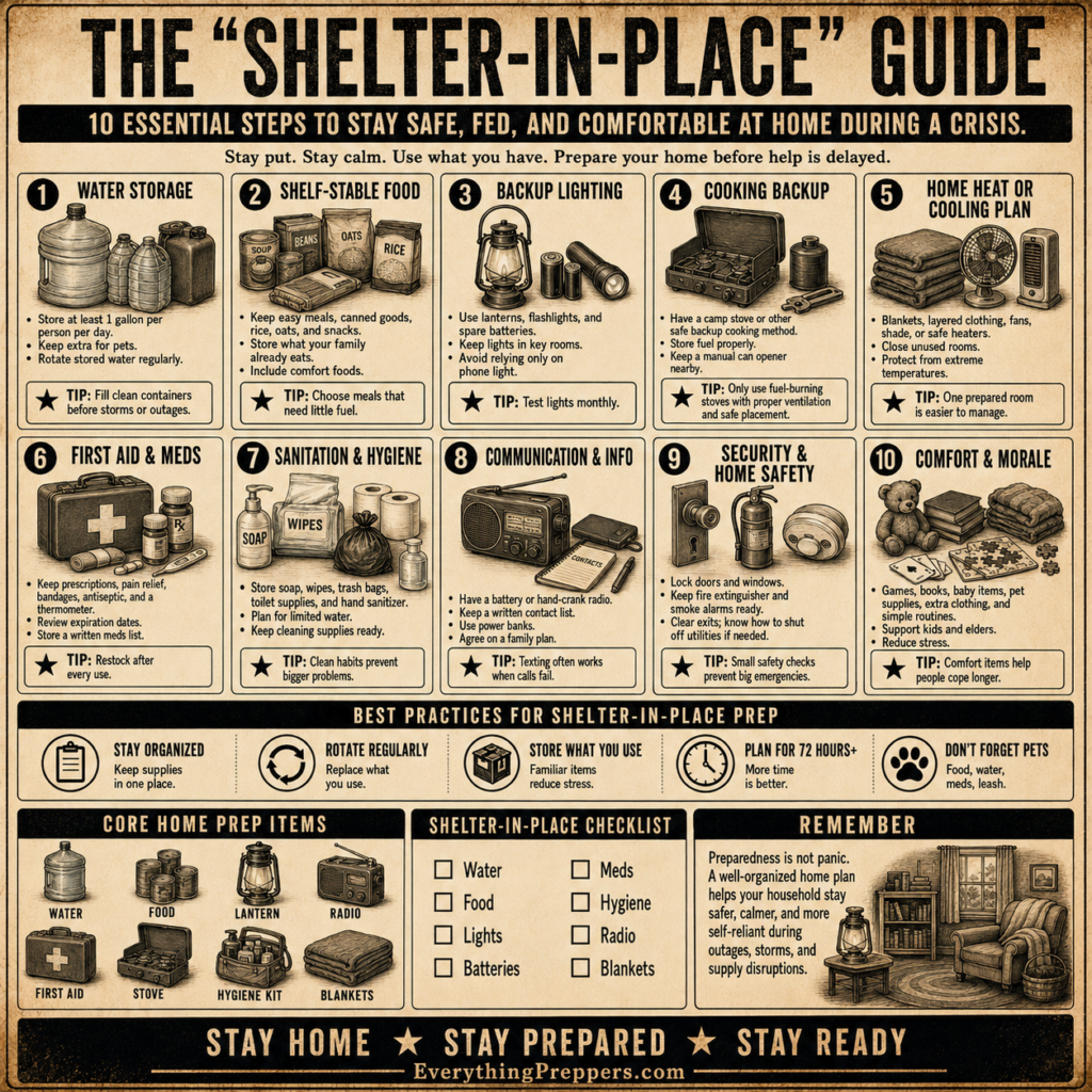 Shelter-in-place guide infographic showing water, food, lighting, cooking backup, first aid, hygiene, communication, home safety, and comfort supplies