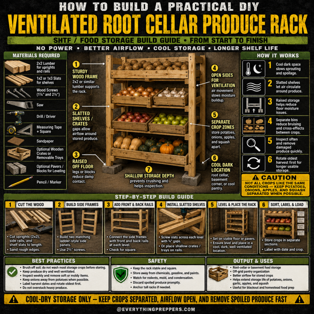 DIY ventilated root cellar produce rack for storing potatoes, onions, apples, garlic, and squash