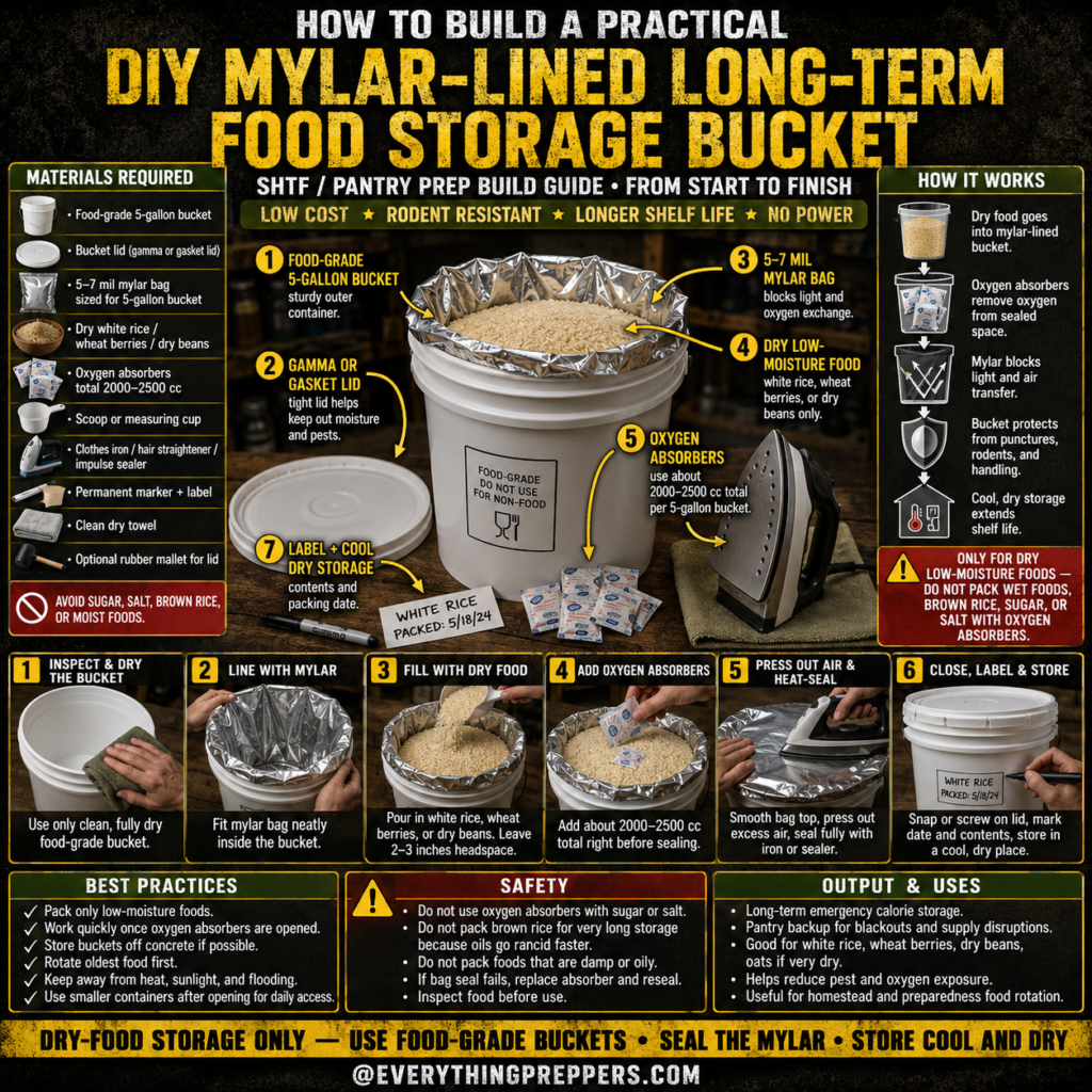 DIY Mylar-lined long-term food storage bucket with food-grade 5-gallon bucket, Mylar bag, white rice, oxygen absorbers, heat sealer, and labeled lid