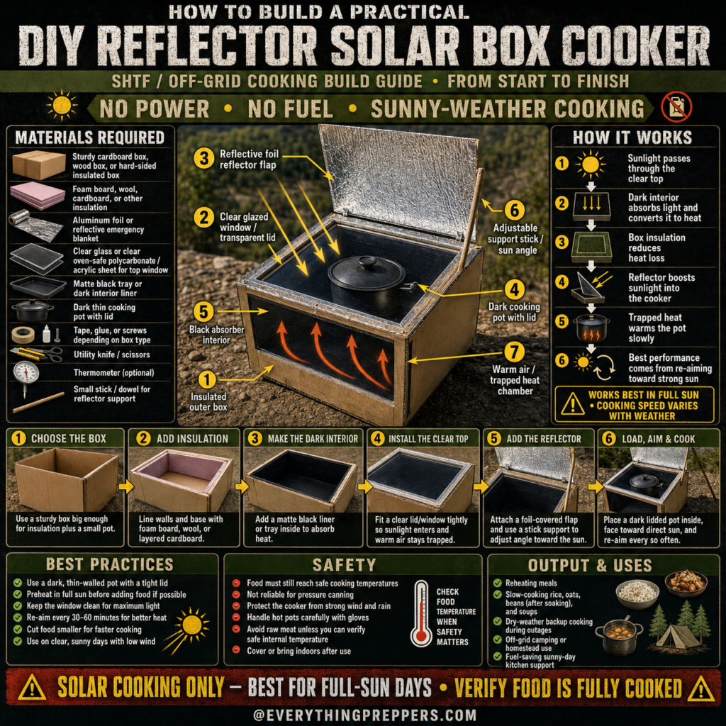 DIY reflector solar box cooker with insulated box, clear lid, foil reflector, dark interior, and lidded pot for sunny-weather cooking