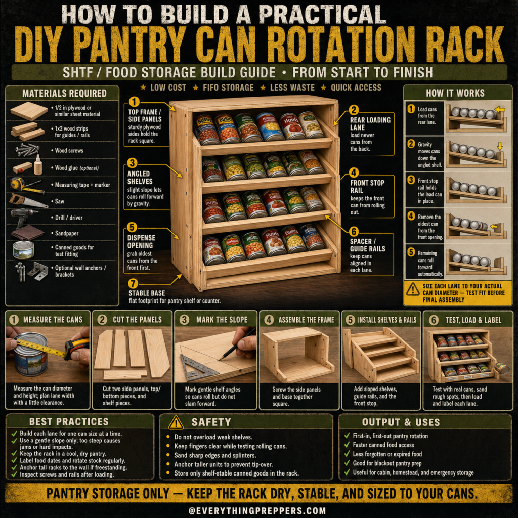 DIY pantry can rotation rack with angled wooden shelves for first-in first-out canned food storage