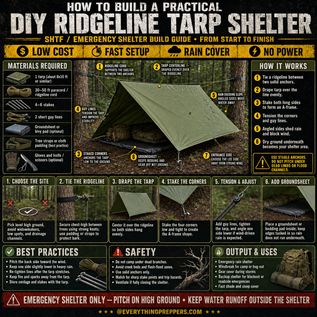 DIY ridgeline tarp shelter pitched between two trees with stakes, guy lines, and groundsheet for emergency rain cover