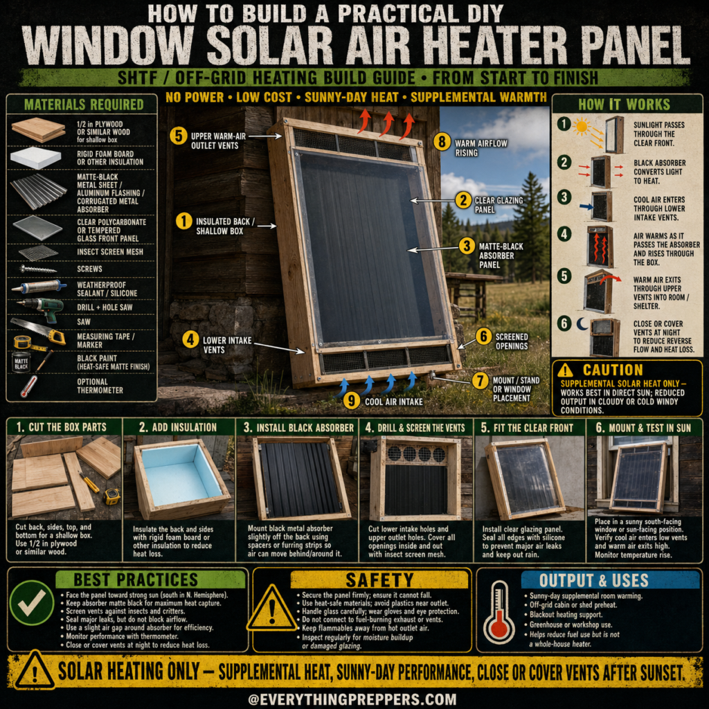 DIY window solar air heater panel with clear glazing, black absorber, lower intake vents, and upper warm-air outlet vents for supplemental sunny-day heat
