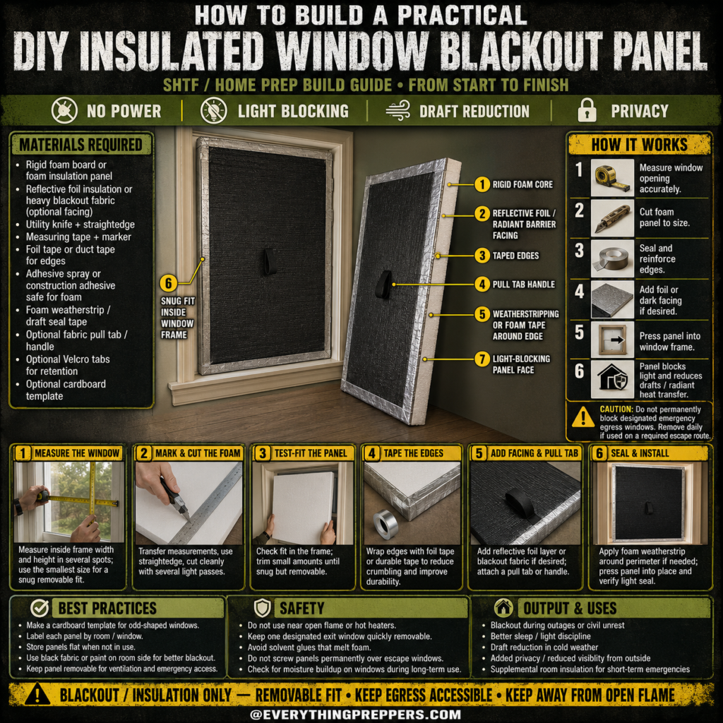 DIY insulated window blackout panel made from rigid foam board, reflective foil, weatherstrip, and pull tab for light blocking and draft reduction
