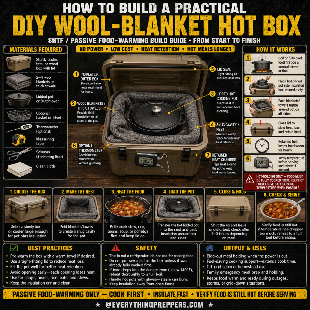 DIY wool-blanket hot box with insulated cooler, lidded pot, blankets, and thermometer for passive food warming during blackouts