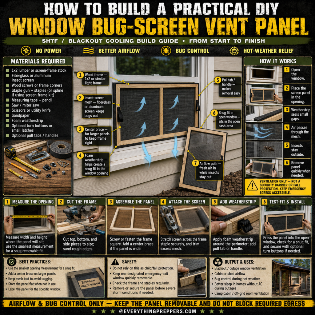 DIY window bug-screen vent panel with wooden frame, insect mesh, and weatherstrip for blackout airflow