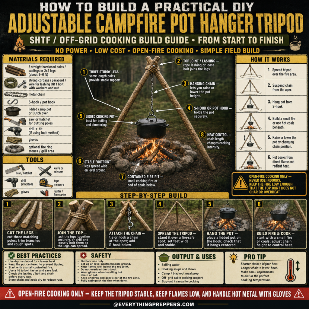 DIY adjustable campfire pot hanger tripod for open-fire cooking with chain, hook, and hanging pot
