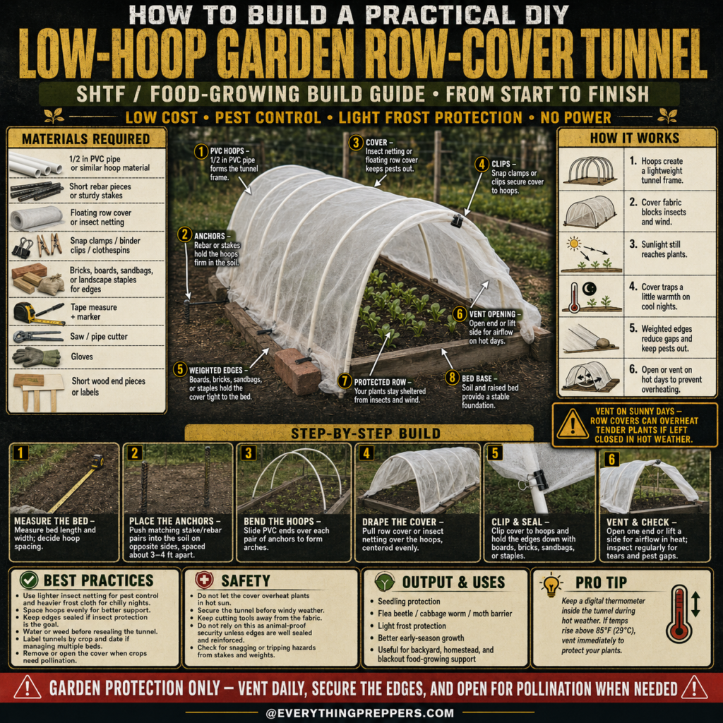DIY low-hoop garden row-cover tunnel with PVC hoops, insect netting, weighted edges, and protected vegetable seedlings