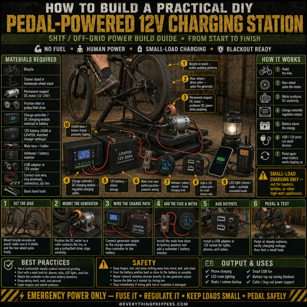 DIY pedal-powered 12V charging station using a bicycle, DC motor generator, charge controller, battery, fuse, voltmeter, and USB outputs