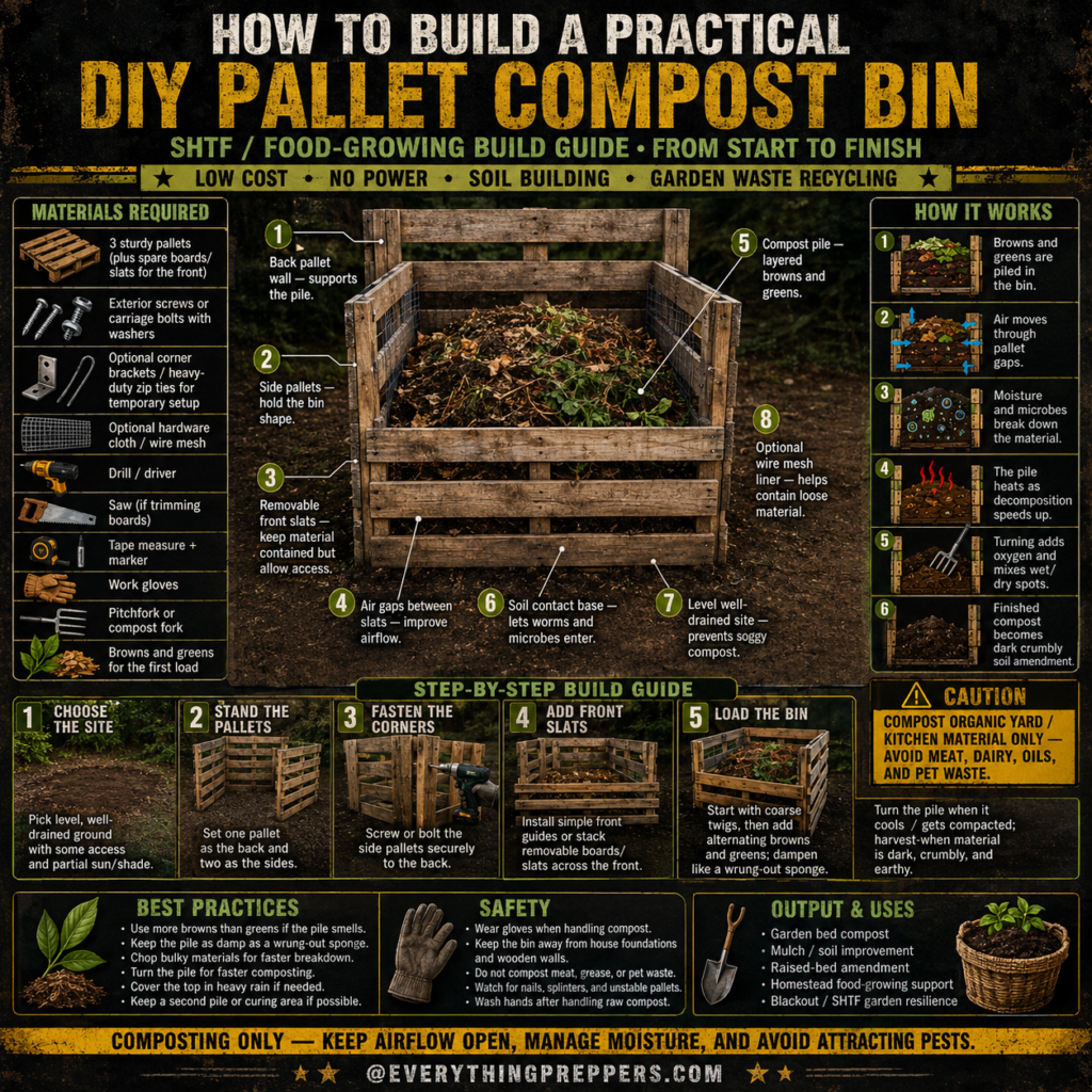 DIY pallet compost bin made from wooden pallets with garden waste, browns and greens, airflow gaps, and removable front slats