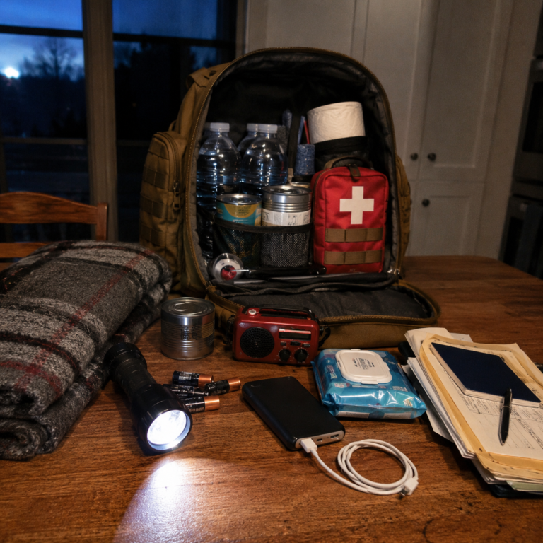 Learn how to build a practical 72-hour emergency kit with water, food, lighting, power, first aid, sanitation supplies, documents, and other essentials.