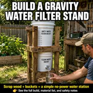 Homemade scrap-wood stand holding a two-bucket gravity water-filter system with a dispensing spigot.
