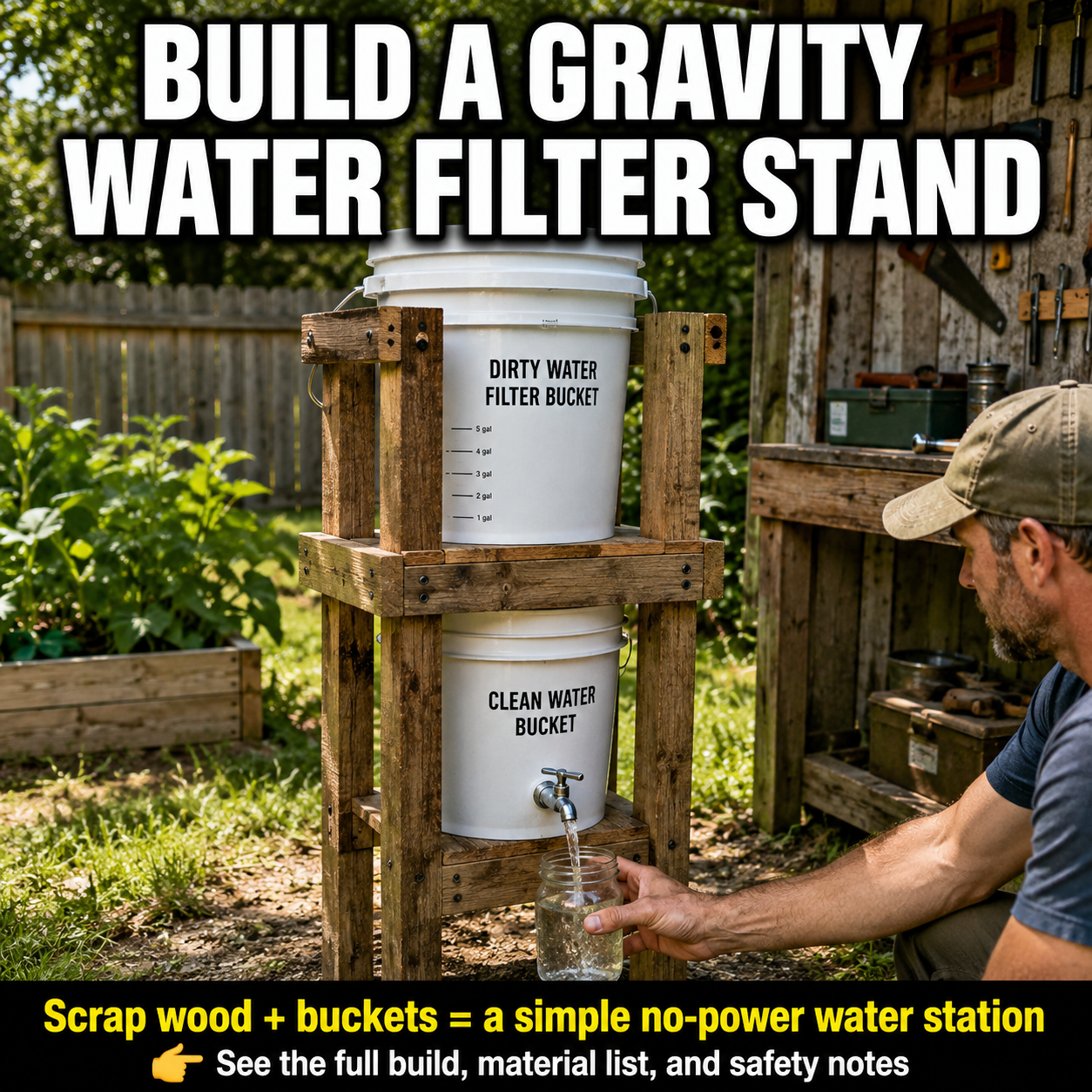Homemade scrap-wood stand holding a two-bucket gravity water-filter system with a dispensing spigot.