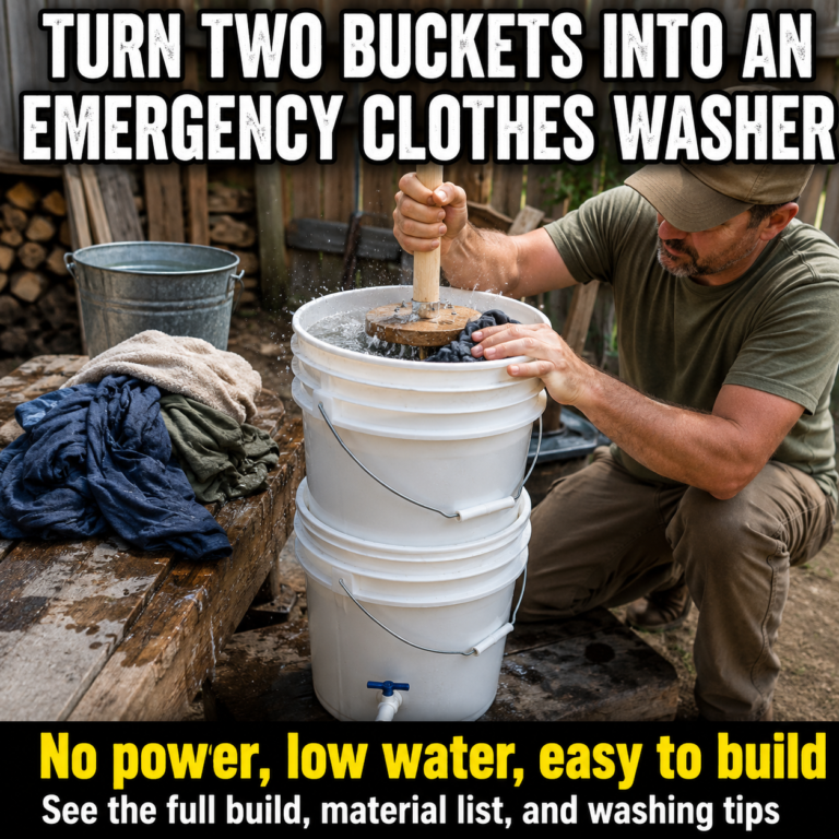 Man using a hand-powered two-bucket clothes washer during an emergency.