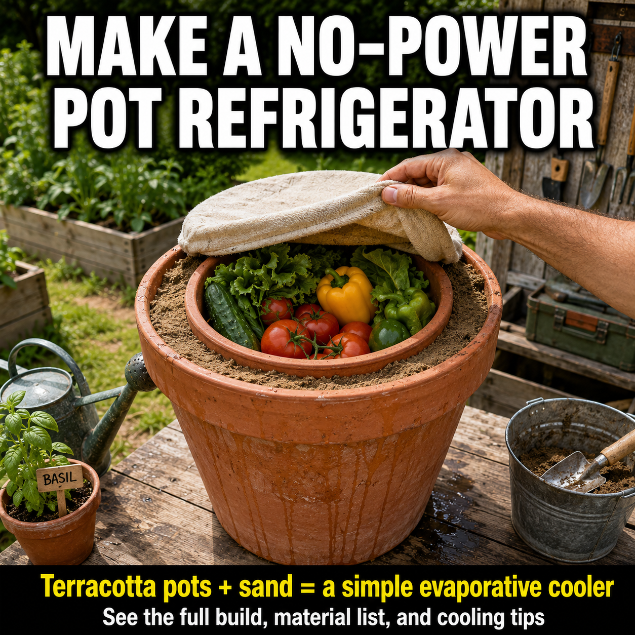 Two terracotta pots filled with wet sand and fresh vegetables to create a no-power evaporative produce cooler.