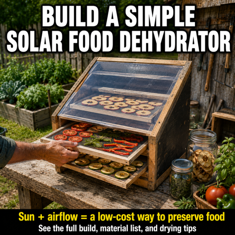 Homemade wooden solar food dehydrator with screened trays holding sliced fruit and vegetables.