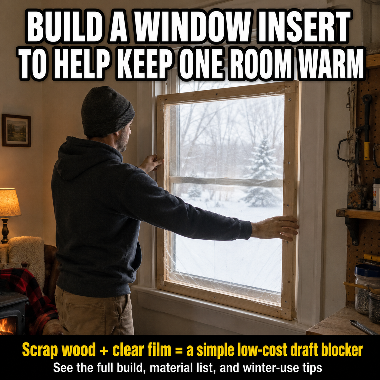 Man installing a removable scrap-wood window insert covered with clear insulation film in a warm room during winter.