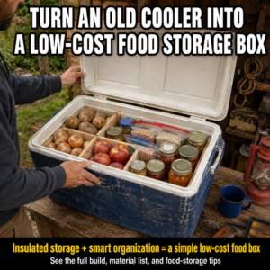 Old insulated cooler converted into an organized emergency food-storage box with dry goods, canned foods, jars, and removable wooden dividers.