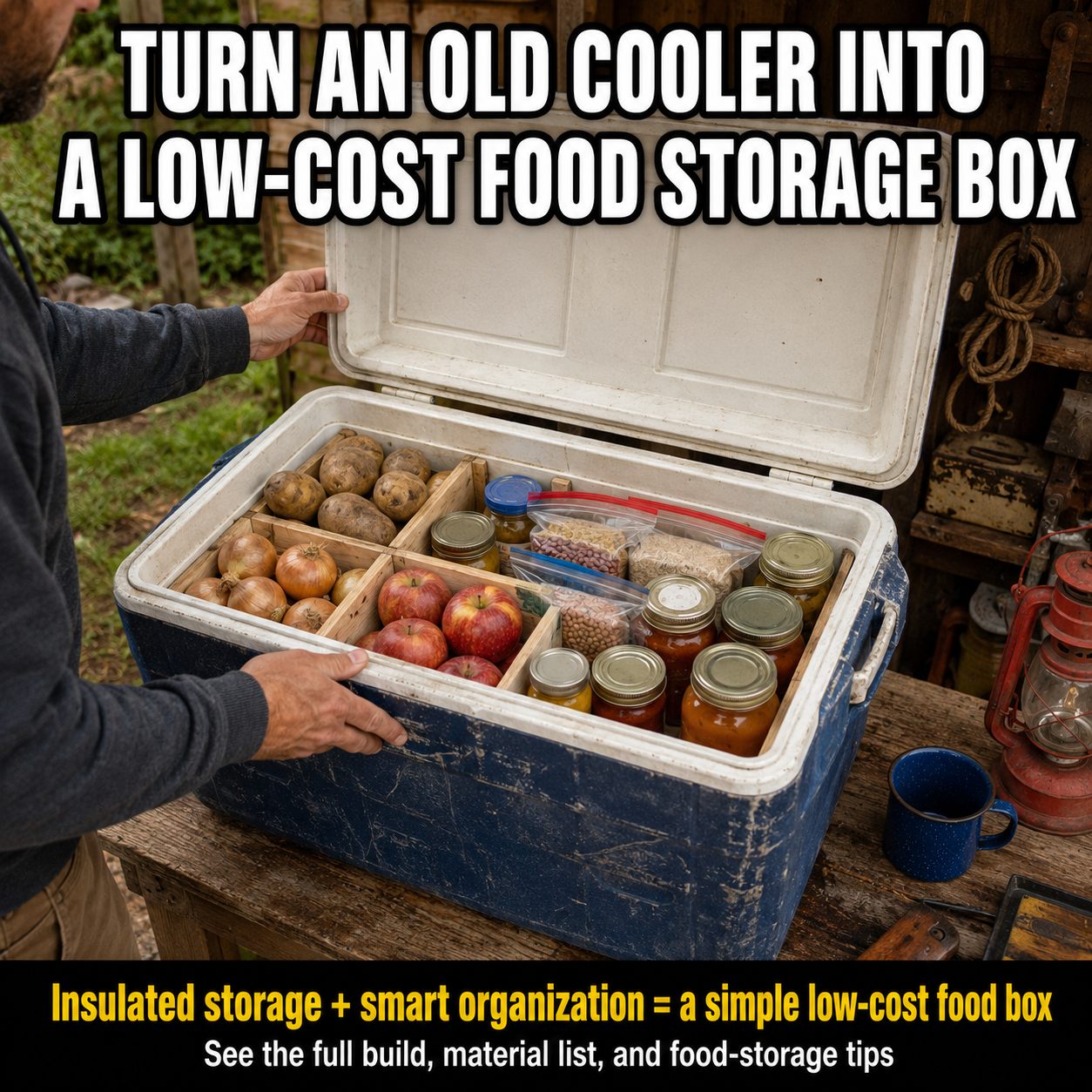 Old insulated cooler converted into an organized emergency food-storage box with dry goods, canned foods, jars, and removable wooden dividers.