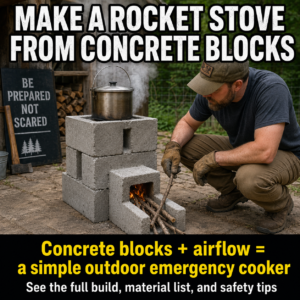 Outdoor emergency rocket stove built from concrete blocks with a metal cooking pot and small sticks feeding the fire.