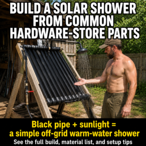 Homemade outdoor solar shower using black tubing mounted on a wooden frame to warm water in sunlight.