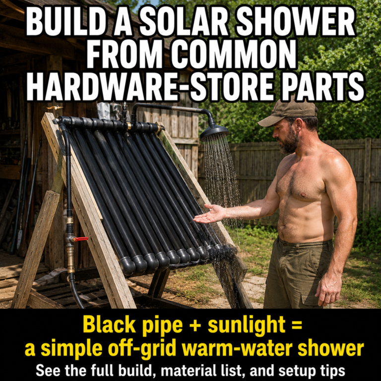 Homemade outdoor solar shower using black tubing mounted on a wooden frame to warm water in sunlight.