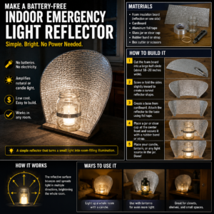 Curved reflective emergency-light panel placed behind a small lantern to redirect more light into a dark room.