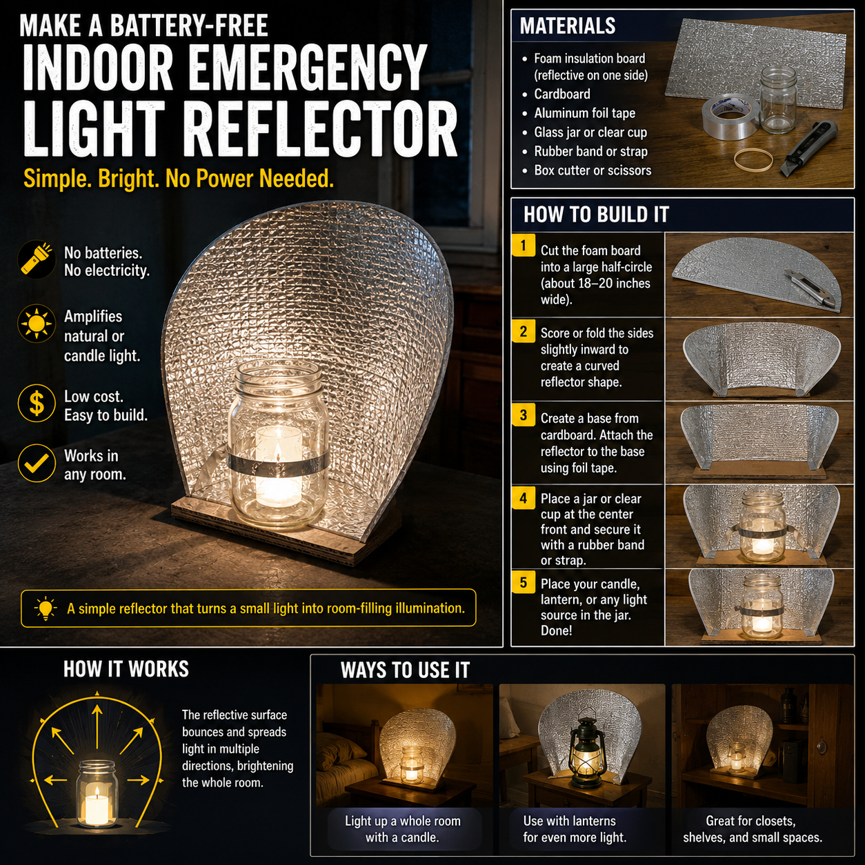 Curved reflective emergency-light panel placed behind a small lantern to redirect more light into a dark room.