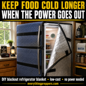 Refrigerator covered with a removable insulated blanket during a power outage, with an appliance thermometer visible inside.