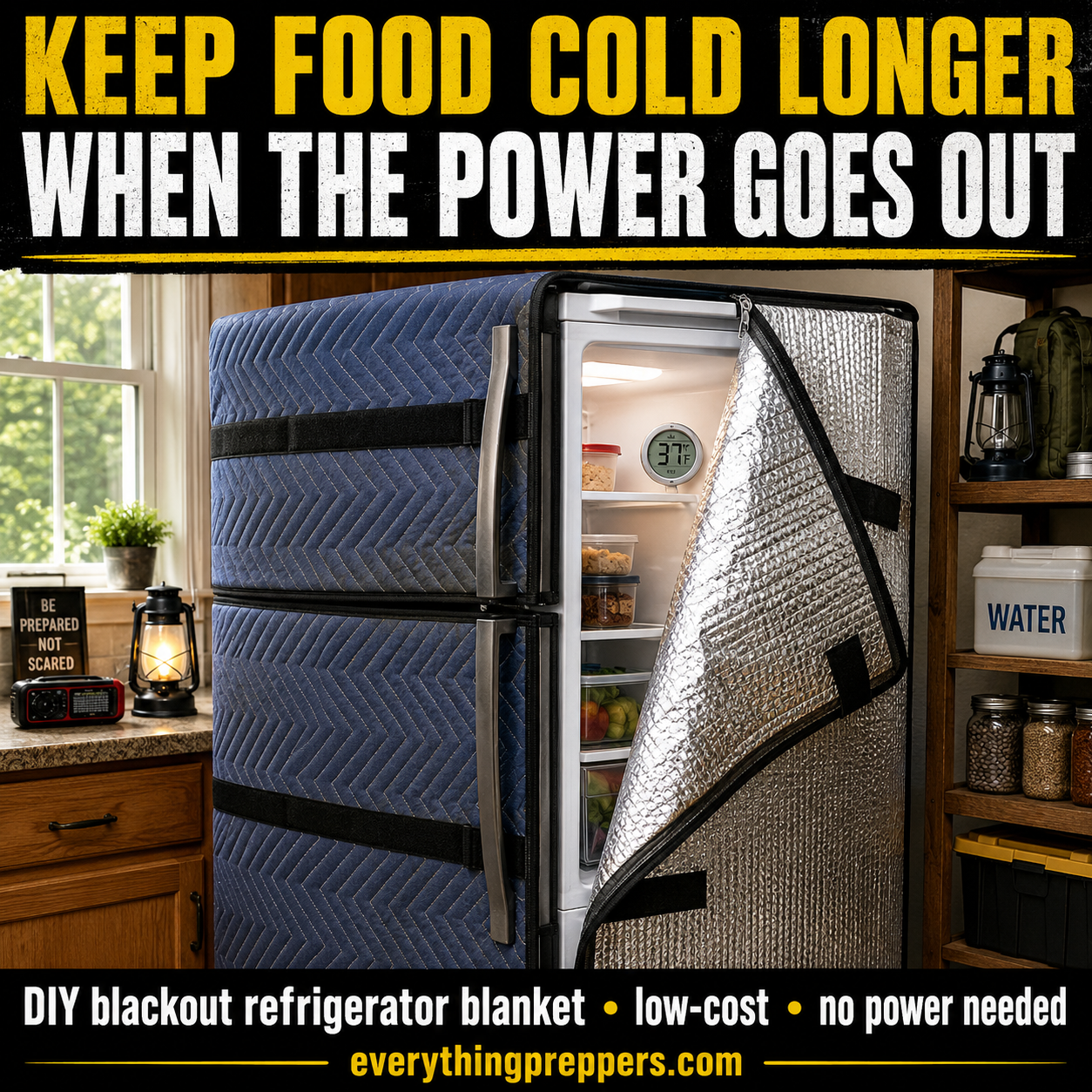 Refrigerator covered with a removable insulated blanket during a power outage, with an appliance thermometer visible inside.