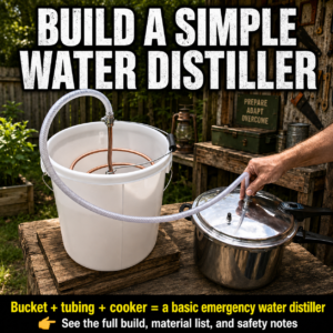 Homemade water distiller with a stainless-steel boiling pot connected to a copper coil submerged in a bucket of cold water.