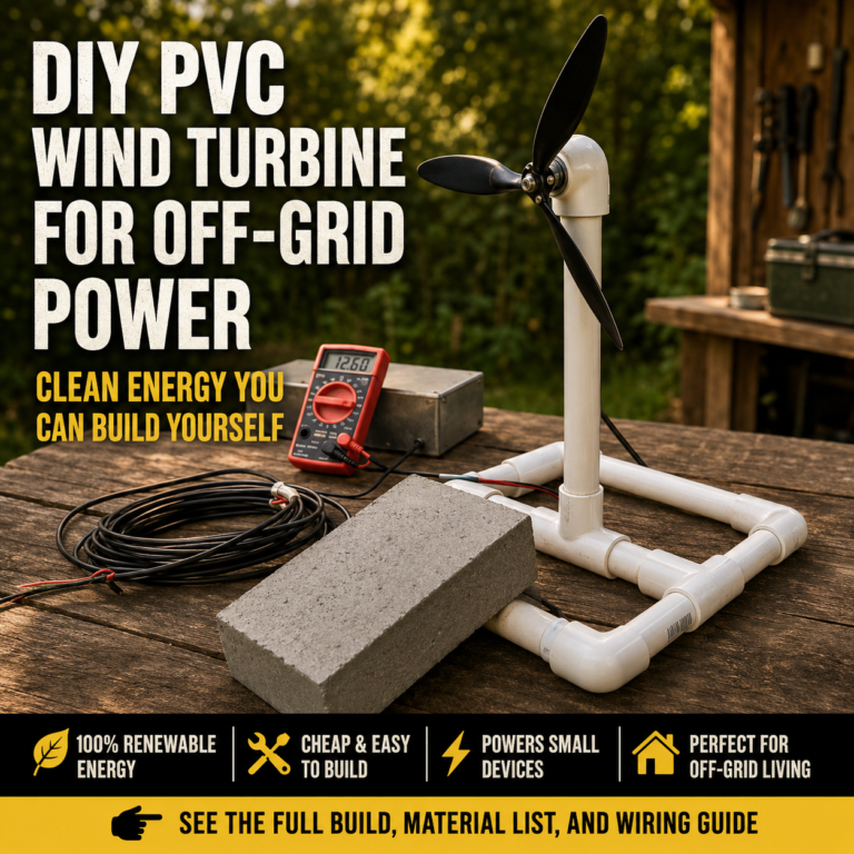 Small homemade wind turbine generator with a PVC stand, plastic propeller, tail vane, and low-voltage DC motor.
