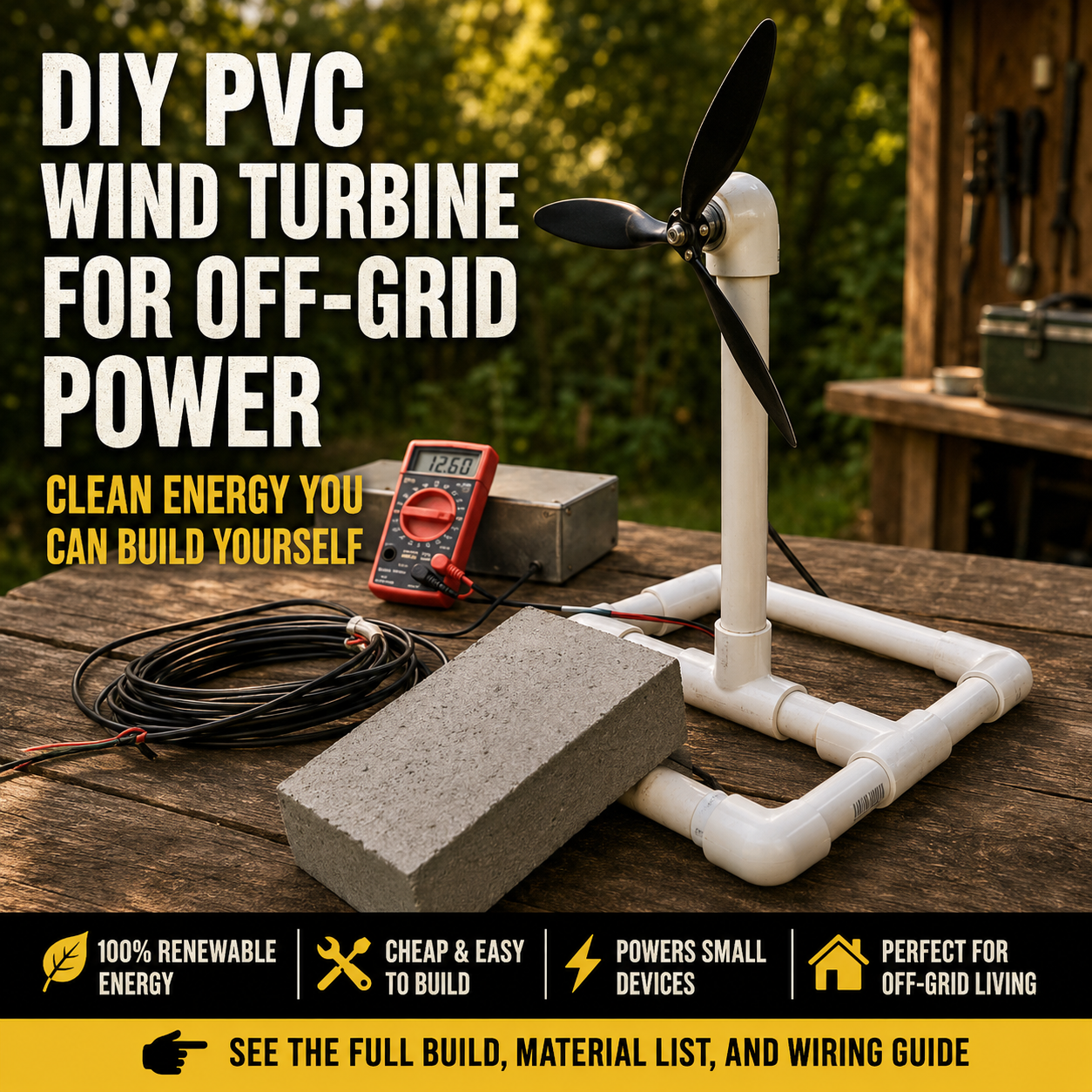 Small homemade wind turbine generator with a PVC stand, plastic propeller, tail vane, and low-voltage DC motor.