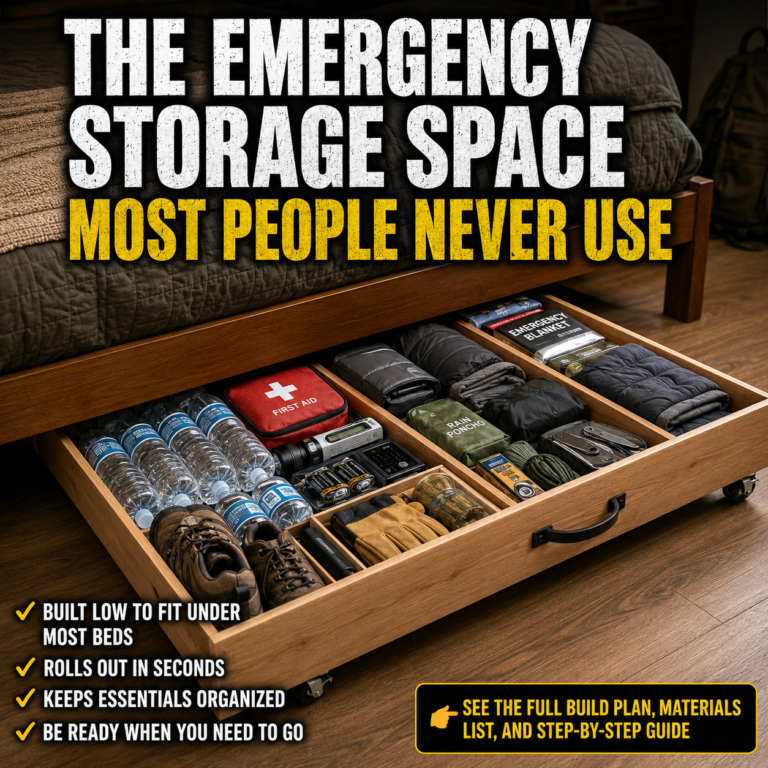 Large wooden drawer rolling from beneath a bed and organized with water, a first-aid kit, flashlights, shoes, blankets, rain gear, and other emergency supplies.
