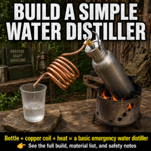 Small homemade saltwater distillation system with a stainless-steel boiling pot connected to a copper condenser coil submerged in cold water.