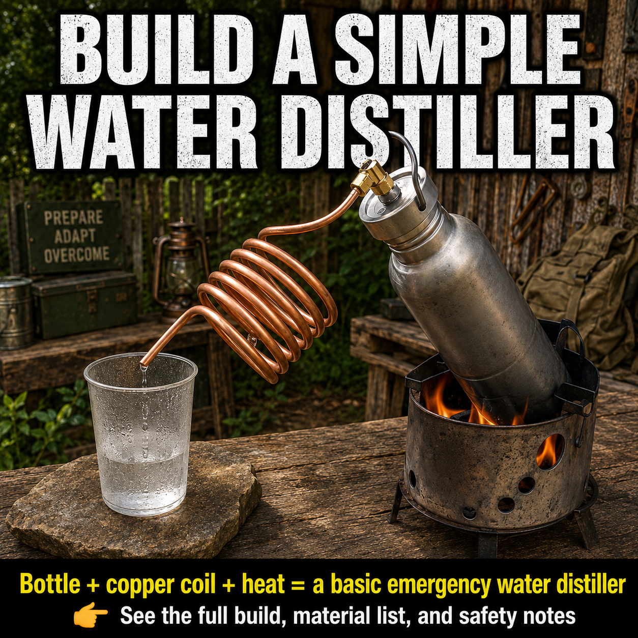 Small homemade saltwater distillation system with a stainless-steel boiling pot connected to a copper condenser coil submerged in cold water.