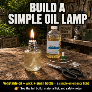 Homemade emergency oil lamp with a cotton wick, small container of vegetable oil, and basic assembly materials on a workshop table.