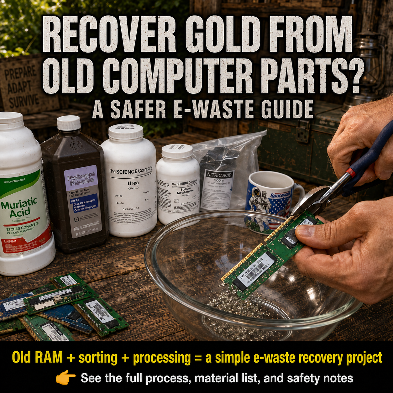 Old computer processors, memory modules, circuit boards, copper wire, and aluminum heat sinks organized for responsible electronics recycling.