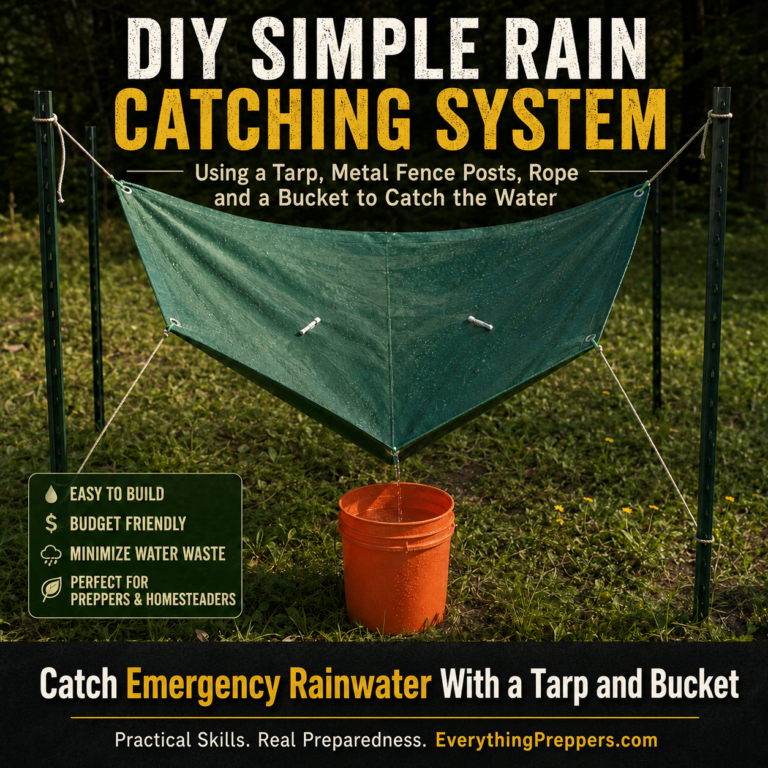 Green tarp suspended between four metal posts and sloped toward a bucket to collect rainwater.
