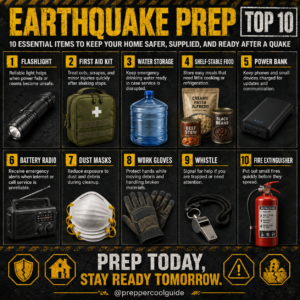 Earthquake preparedness infographic showing ten essential supplies, including a flashlight, first-aid kit, stored water, emergency food, power bank, radio, N95 respirators, work gloves, whistle, and fire extinguisher.