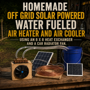 Homemade off-grid water-to-air heating and cooling unit using an 8-by-8 heat exchanger, guarded 12-volt fan, water pump, insulated reservoir, and solar power.