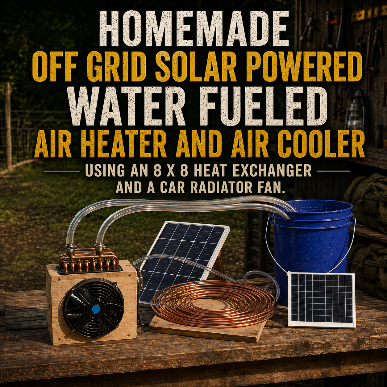 Homemade off-grid water-to-air heating and cooling unit using an 8-by-8 heat exchanger, guarded 12-volt fan, water pump, insulated reservoir, and solar power.