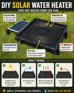 A DIY solar water heater panel with a coiled PEX tube on a black absorber surface, a small solar panel powering the pump, and labeled cold-water-in and hot-water-out fittings.