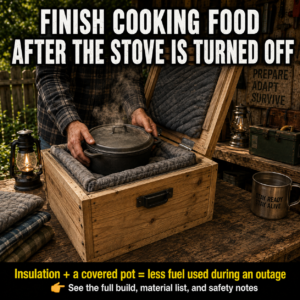 A covered cast-iron pot being placed inside a wooden insulated cooking box in a rustic preparedness workshop.