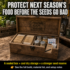 Rustic wooden seed storage box containing labeled vegetable seed envelopes, airtight jars, silica gel, a humidity indicator, and planting records.