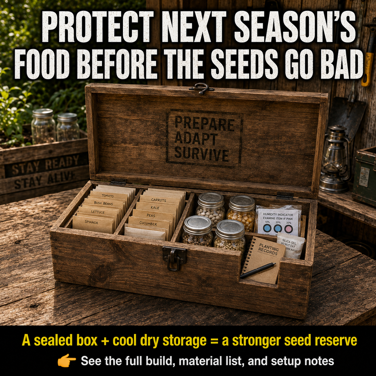 Rustic wooden seed storage box containing labeled vegetable seed envelopes, airtight jars, silica gel, a humidity indicator, and planting records.