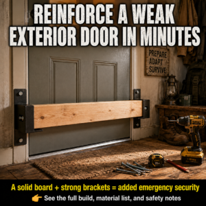 Wooden 2×4 security bar mounted across the inside of an exterior door using heavy steel brackets and long structural screws.