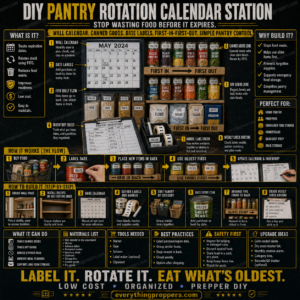 A DIY pantry rotation station with labeled canned food, dry goods, a wall calendar, inventory clipboard, and first-in-first-out shelves.