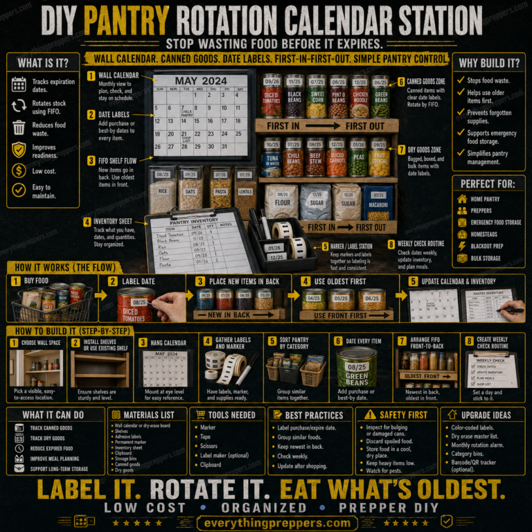 A DIY pantry rotation station with labeled canned food, dry goods, a wall calendar, inventory clipboard, and first-in-first-out shelves.